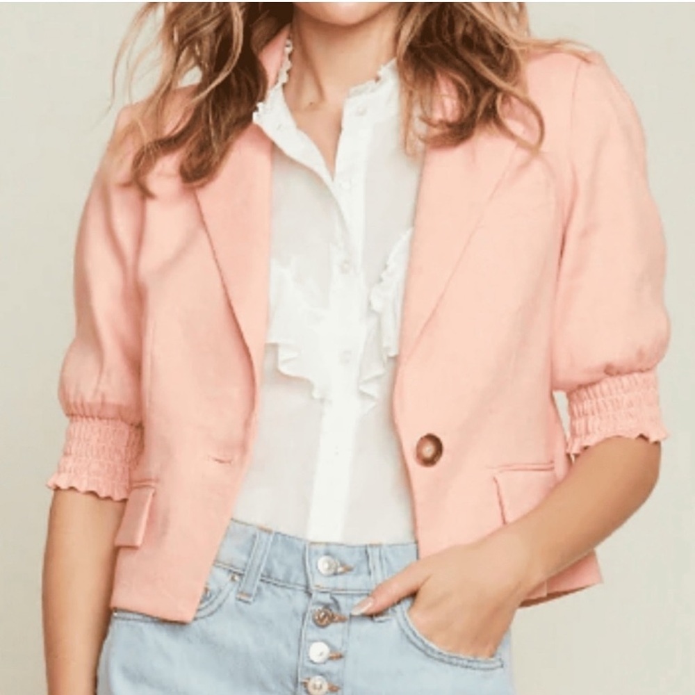 Veronica Beard Linen Blend Peach Pink Puff Sleeve Short Blazer size 6